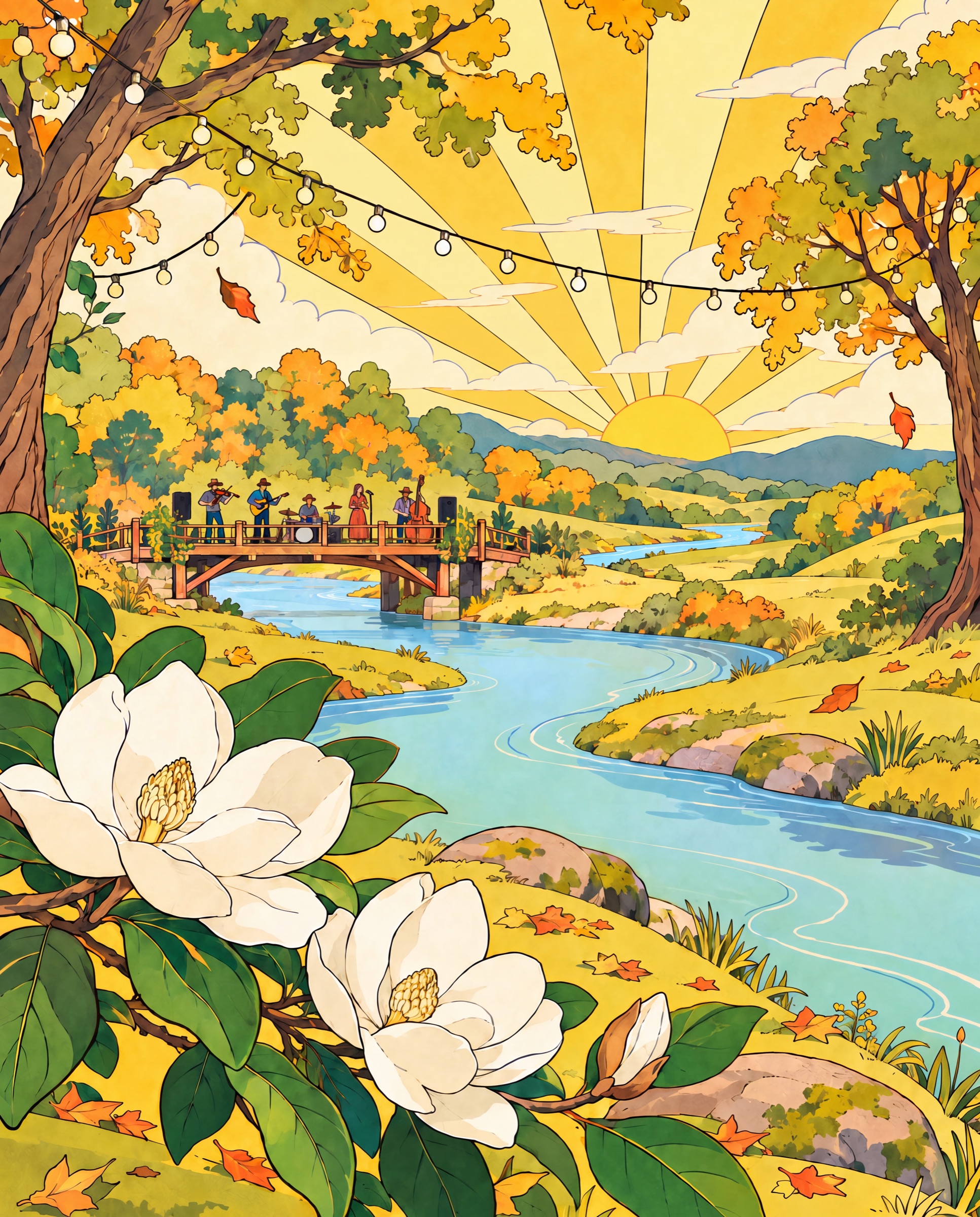 Ilustración oficial de Magnolias Creek Fest con magnolias, río, bosque de otoño y música en vivo