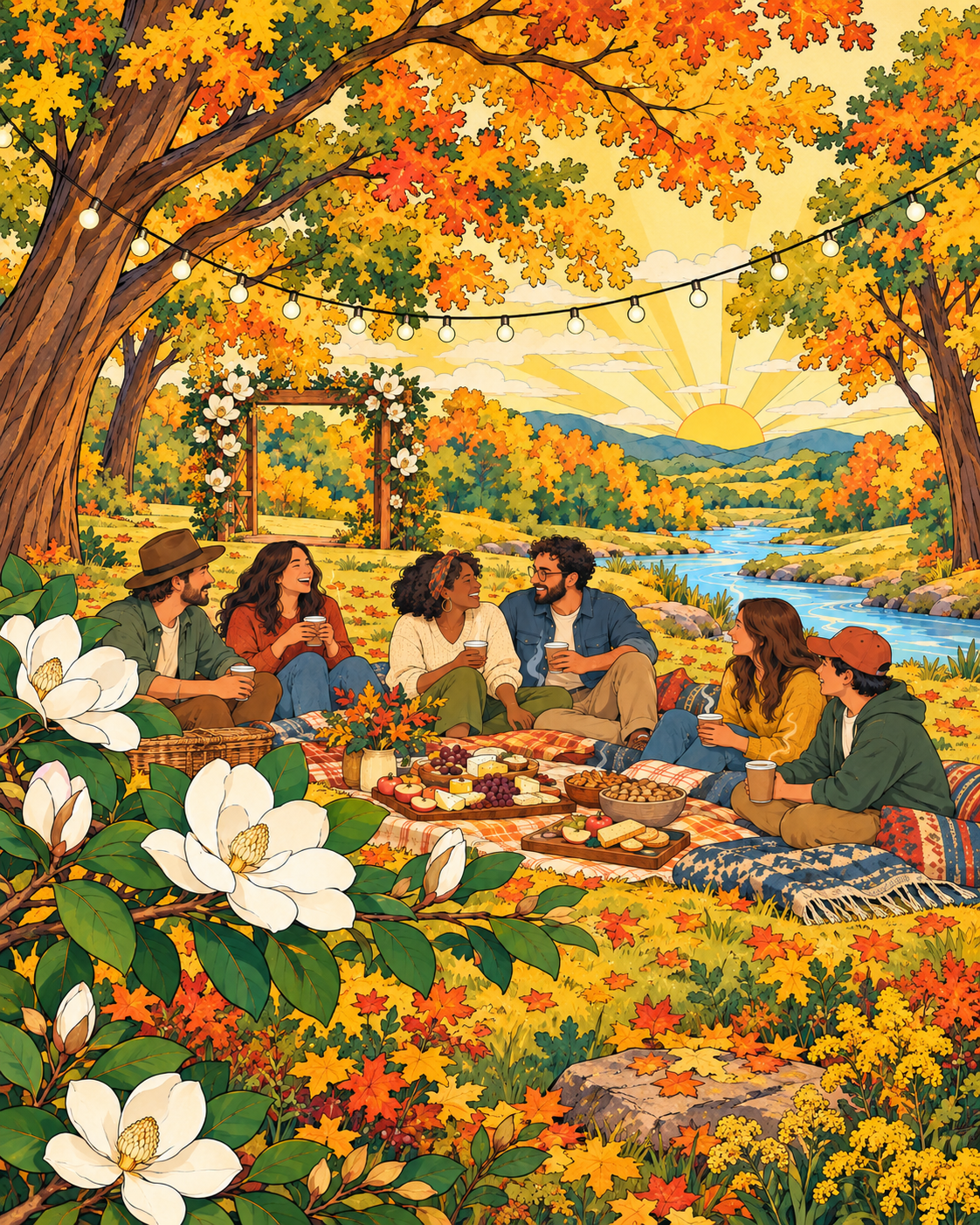 Familia y amigos compartiendo bebidas calientes y finger food en un bosque de otoño